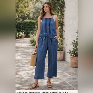 That's It Chambray Denim Jumpsuit Wide Leg Tie Waist Halter Romper Boho Chic sz6